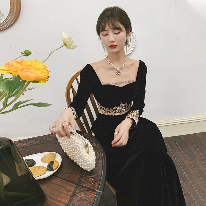 French Style Boat Neck Full Sleeve Graceful Party Gowns Ankle-Length A-Line Sashes Sequined Appliques Formal Banquet Dress