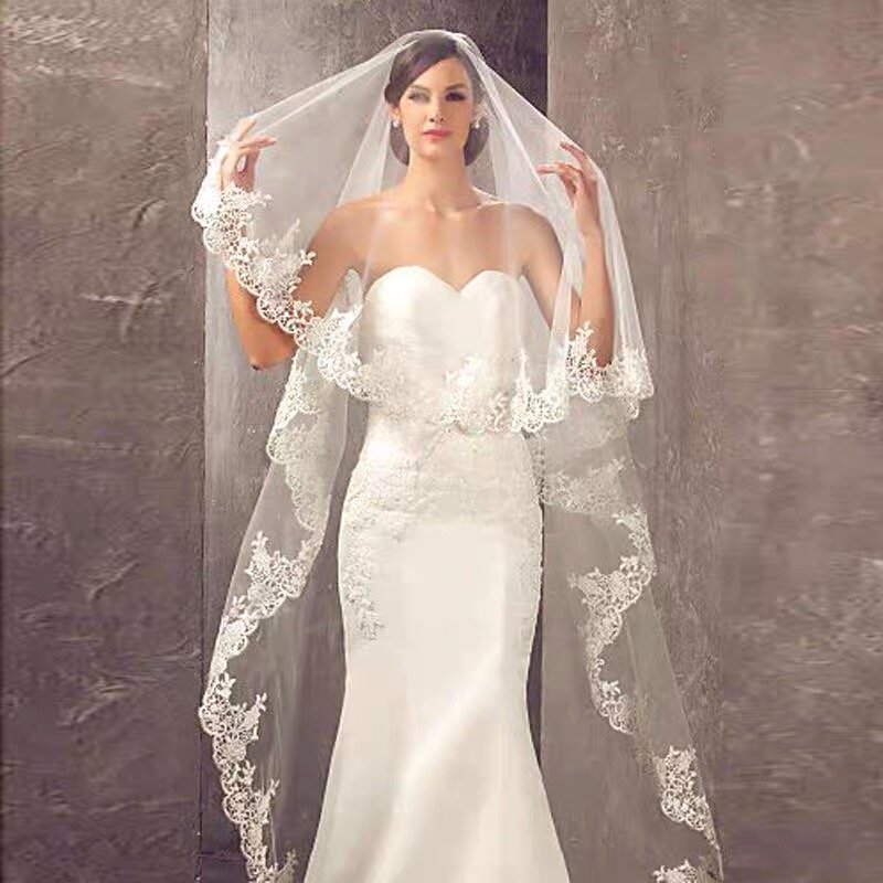 Marfim véus de noiva laço apliques borda 300cm casamento véus acessórios de noiva capela com pente