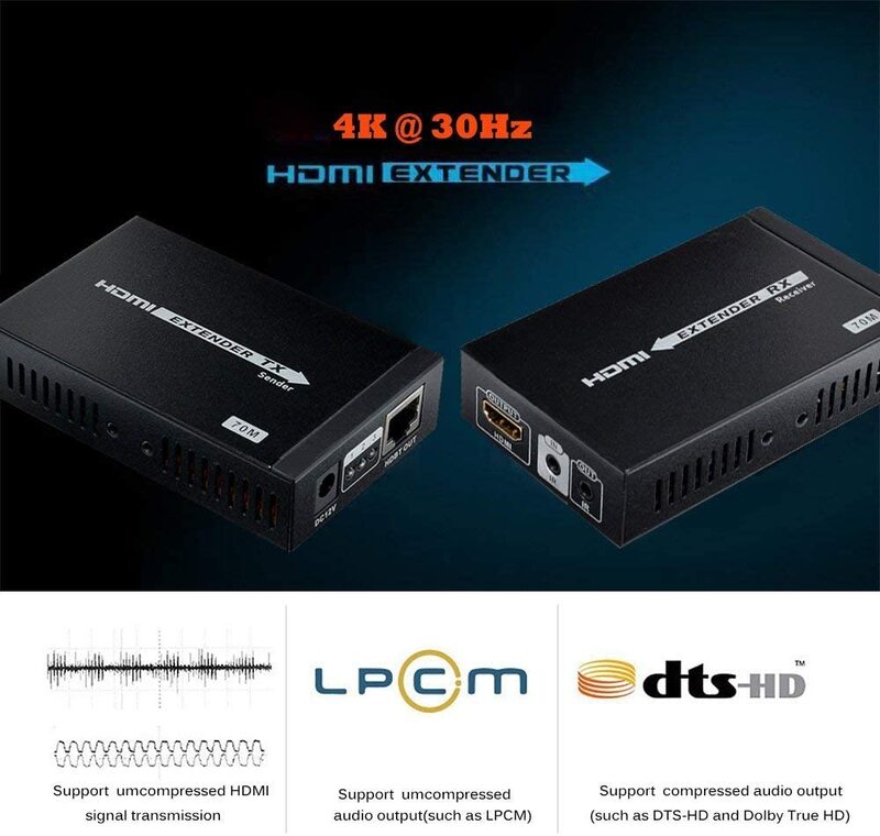 Extensor HDMI 4K sobre un único Cable CAT/6/6A/7/8, transmisión sin comprimir hasta 230 pies/70m, compatible con 3D,1080P, 4K con bidireccional