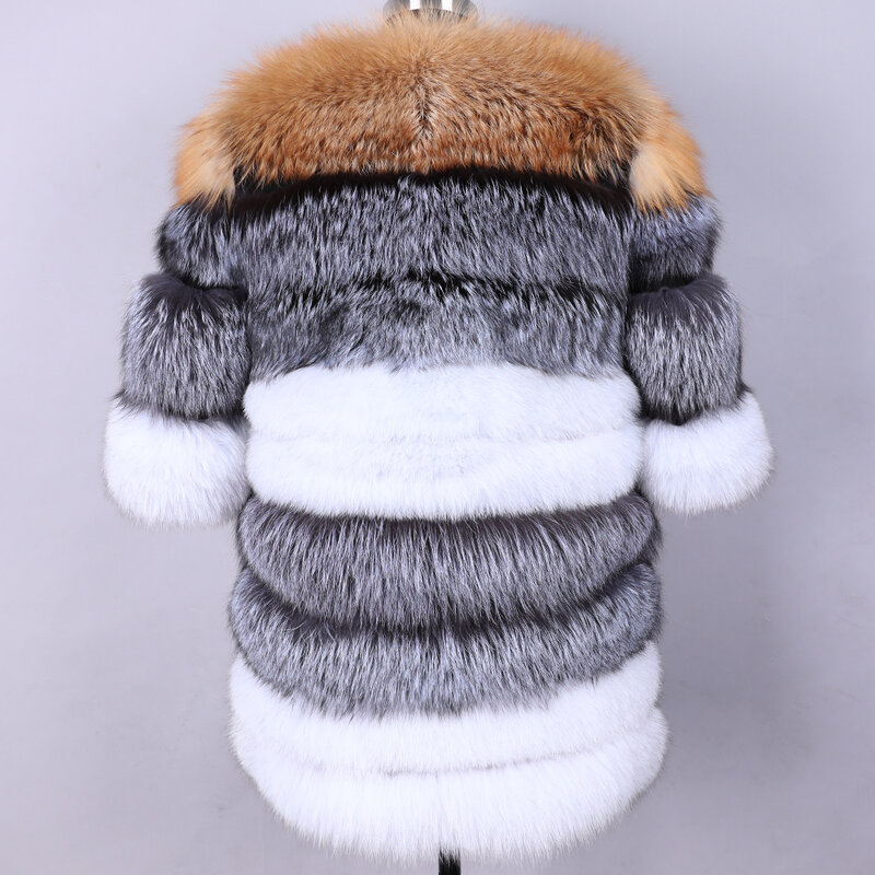 Maomaokong casaco de pele feminino de couro, jaqueta longa de couro quente com pele verdadeira 100% natural, casaco de pele de raposa de alta qualidade, colete de pele