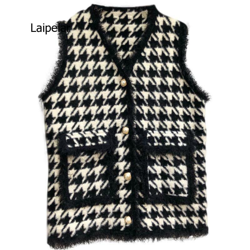 2021 sem mangas houndstooth jaqueta feminina outono inverno bolso colete casaco de lã senhoras moda casaco longo xadrez cardigan