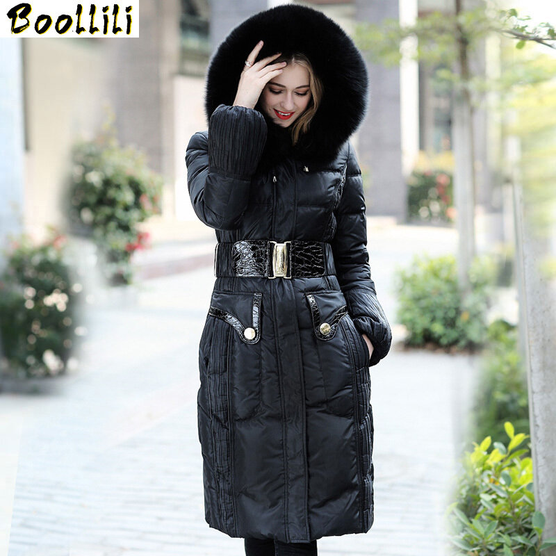 Jaqueta longa de inverno para mulheres, parka com capuz quente gola de pele de raposa real, jaqueta coreana 2020
