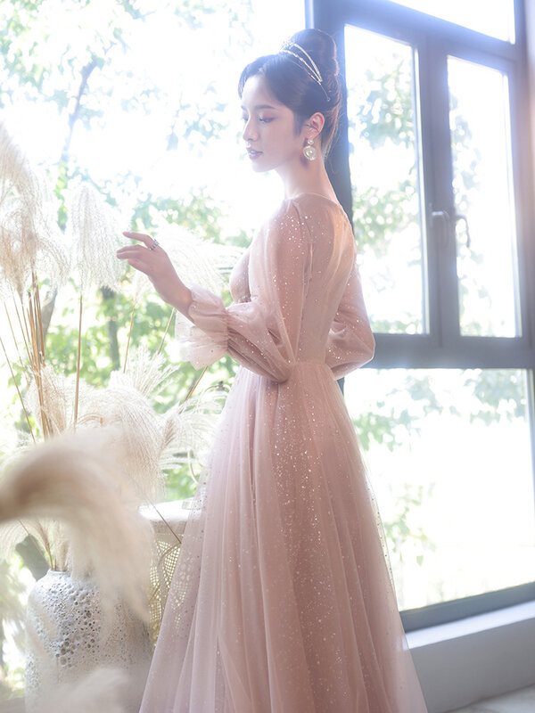 韓国スタイルの長袖Sweettheartpageantドレス女性の床の長さのスパンコールサッシレースAラインgracefulezeドレス