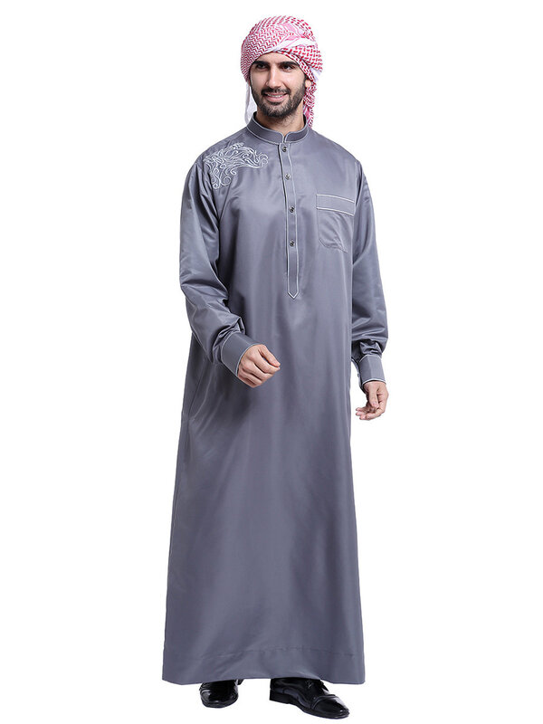 Baru Muslim Maroko Lengan Panjang Pria Muslim Bordir Warna Solid Jubah Arab Kaftan Saudi Dubai Pakaian Pria Ibadah Abaya