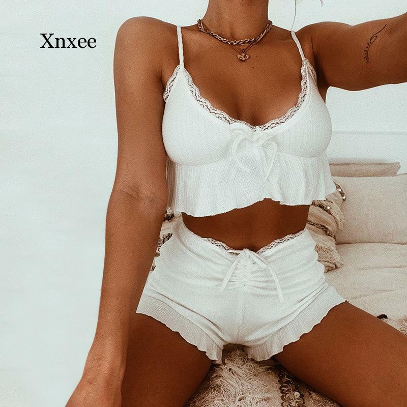 Ruffle Sexy Women's Two Piece Set Y2K Lace Ruched Spaghetti Strap Ribbed Corset Top White Elastic Crop Tops + Hot Shorts 2021