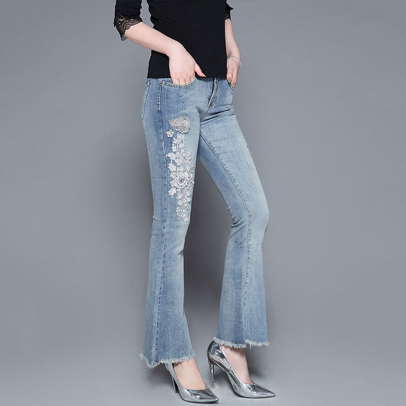 Quần Jeans Nữ Xuân Hè Mỏng Cao Cấp Xòe Denim Quần 2021 Phong Cách Hàn Quốc Mới Skinny Vintage Thêu Crop Quần