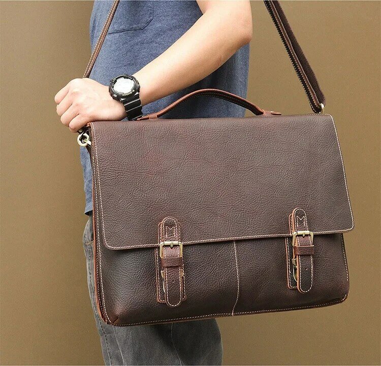 Newsbirds Men Briefcase Bag Genuine Leather Laptop Bag For 17 Inch Double Layer Working Totes For Men Male Doctor Layer Hand Bag