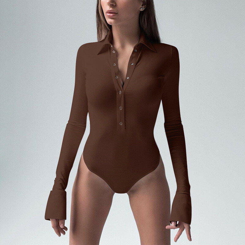 CNYISHE-bodysuit preto de manga comprida feminino com botões, macacão de uma peça, catsuit sexy, macacão casual, macacão, 2021