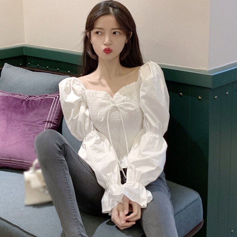 Blusa feminina manga comprida gola quadrada, camisa feminina estilo francês curta primavera e outono 2020