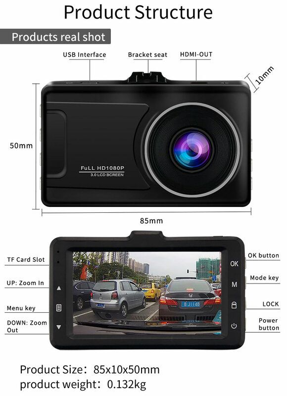 Beliewin M10T 3 cale 1080P wideorejestrator samochodowy wideorejestrator kamera HD Night Vision g-sensor kamera na deskę rozdzielczą