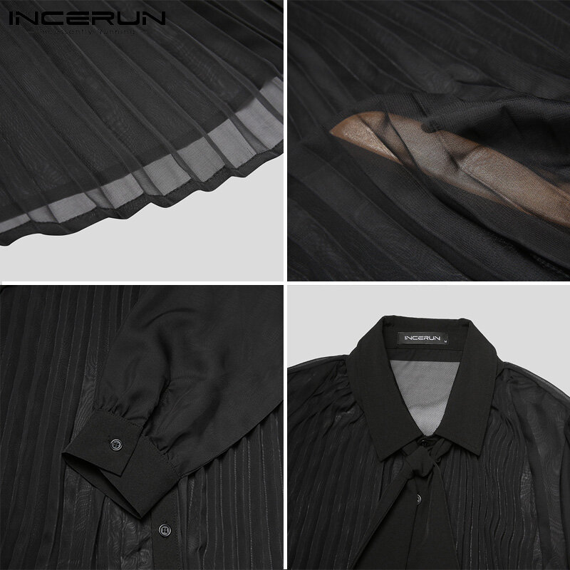 INCERUN-camisa Sexy de malla transparente para hombre, camisa de manga larga con lazo, ropa de calle plisada, ropa de fiesta sólida, 5XL, 2023