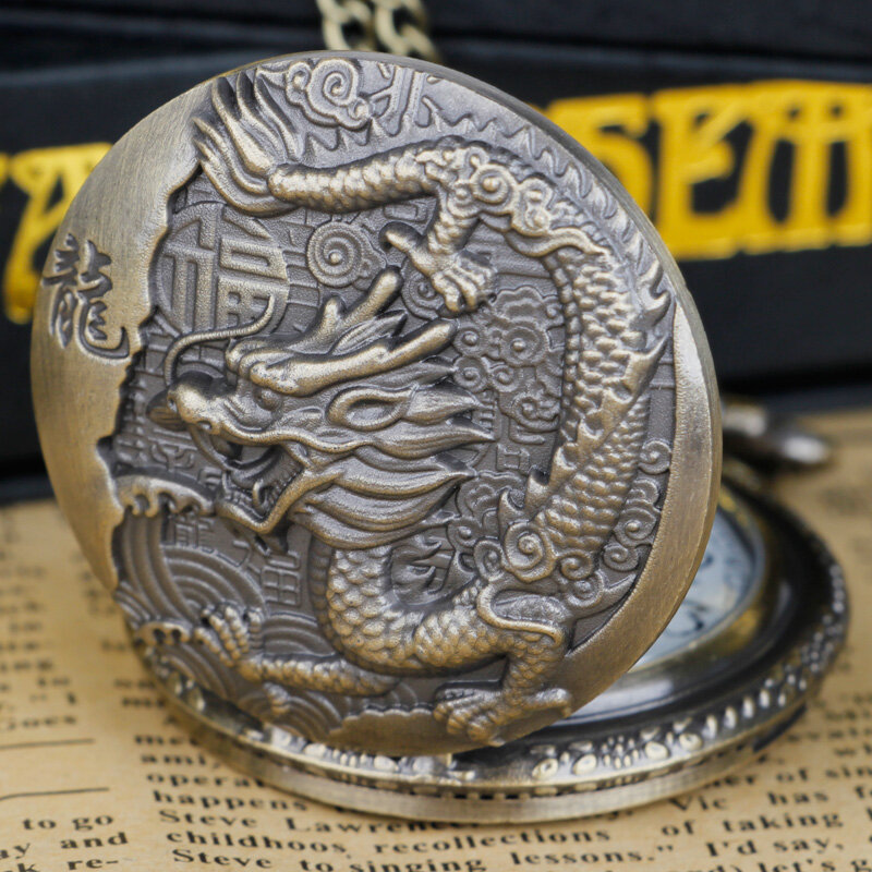 Vintage estilo chinês dragão quartzo bolso relógio com colar corrente melhores presentes