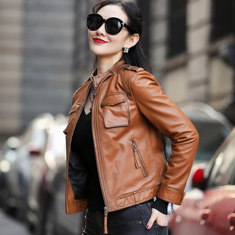 Vintage Leather Jacket Women Spring Autumn Genuine Leather Sheepskin Motocycle Jackets Streetwear Chaqueta Mujer