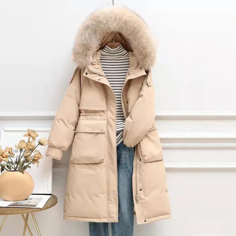 2021 겨울 새로운 다운 재킷 여성의 중간 및 긴 흰색 오리 큰 털이 칼라는 얇고 두꺼운 파커 코트입니다
