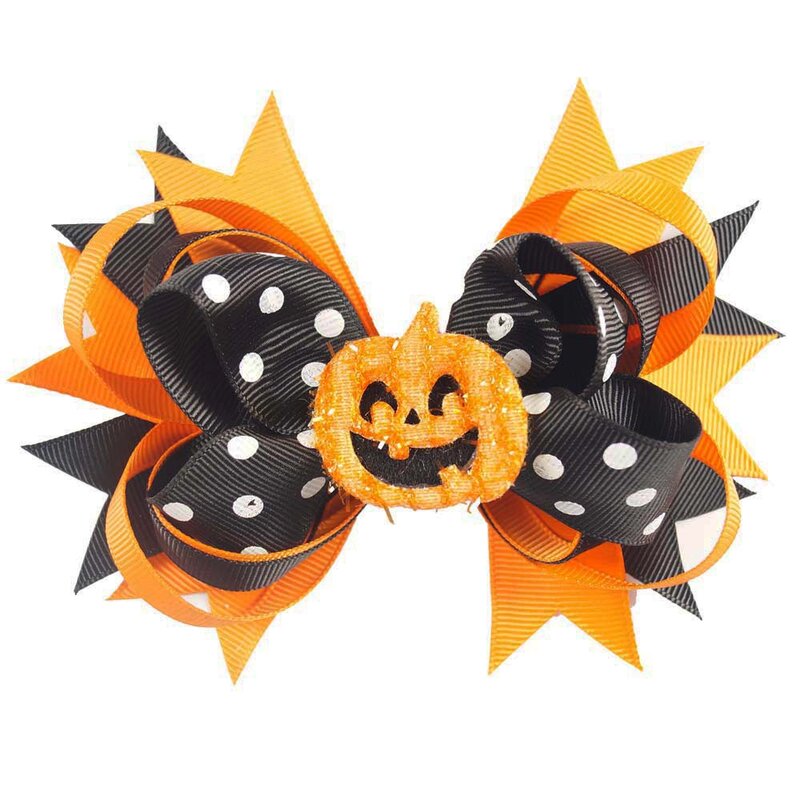 CN 5 ''Polka stampato fiocchi per capelli sorriso di Halloween clip di capelli di zucca per bambini accessori per capelli a strati per ragazze