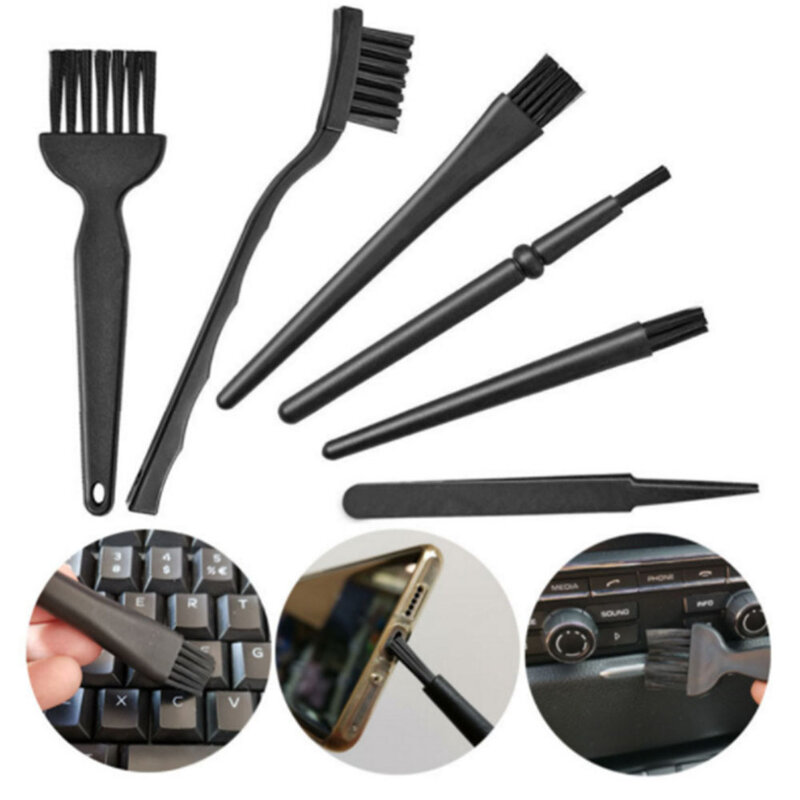 Kit de cepillos antiestáticos de nailon para limpieza del hogar, cepillo de teclado 6 en 1 con mango portátil de plástico negro