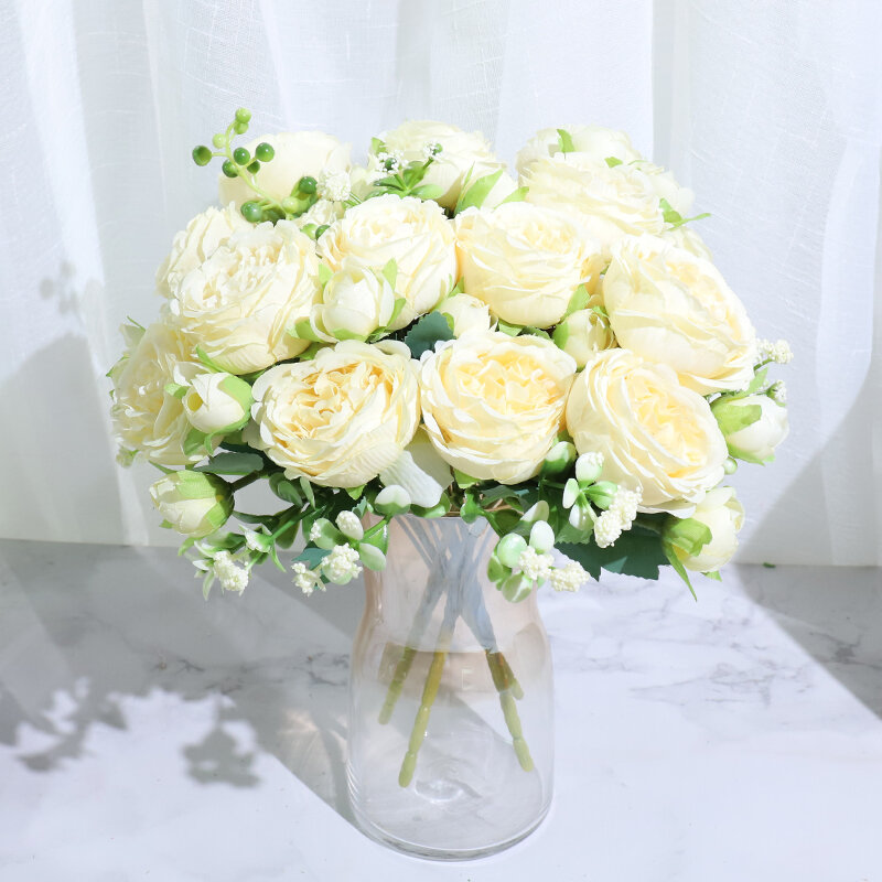 Penjualan Terbaik Bunga Mawar Indah Peony Sutra Buatan Buket Putih Kecil Pesta Rumah Dekorasi Pernikahan Musim Dingin Bunga Palsu