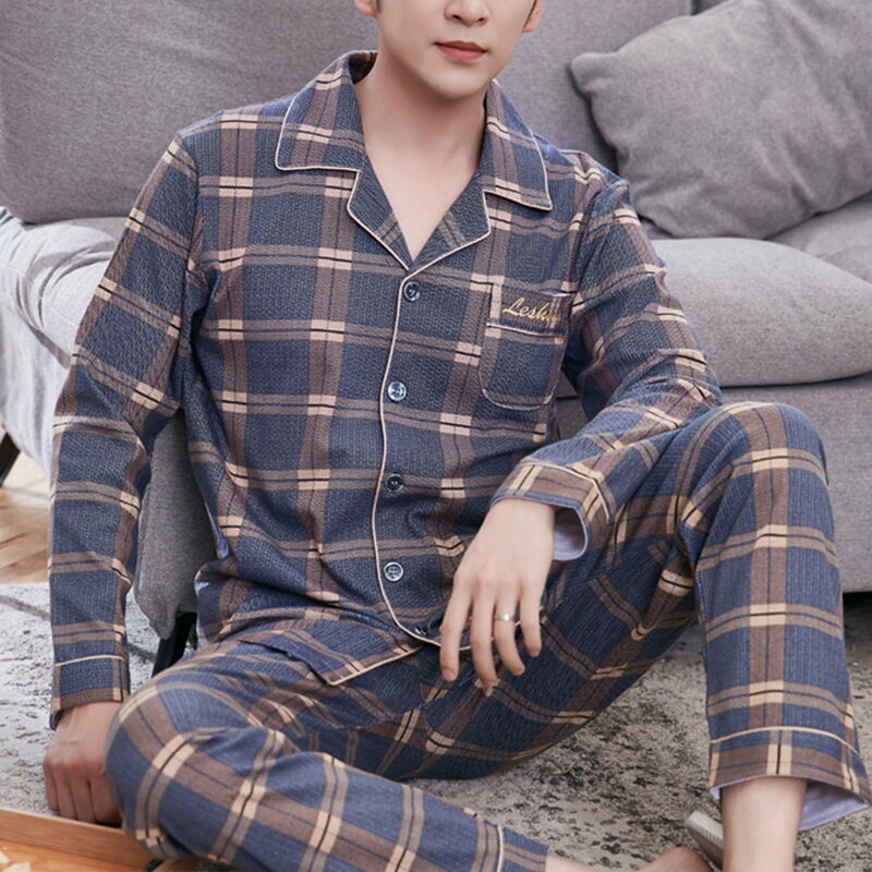 Männer Pyjama Sets Einfache Nachtwäsche Langarm Baumwolle Top Hose Freizeit Outwear Weiche Herbst Winter Plus Größe Loungewear