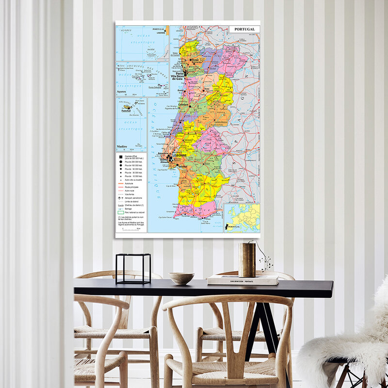 150*225cm Political Transportation Map of The Portugal In French Vinyl  Canvas Painting Wall Poster School Supplies Home Decor