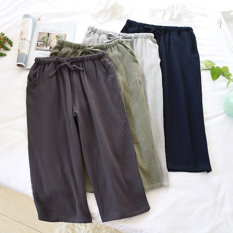 Pantalones de dormir para hombre, 100% algodón, con crepé, color sólido, con banda elástica, holgados, para estar en casa