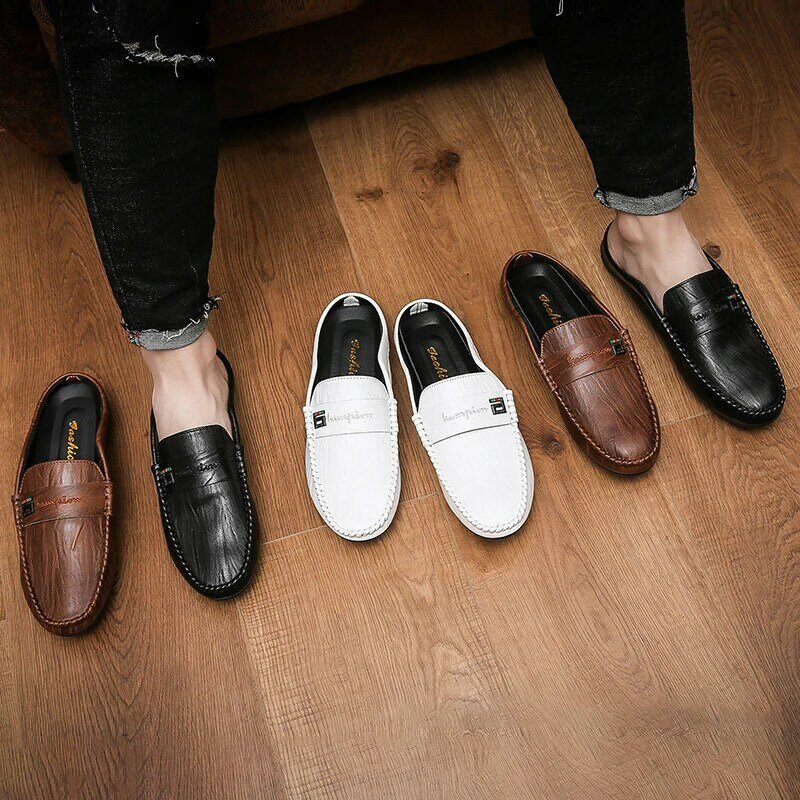 Sandal Pria Mewah Italia Sepatu Pantofel Kulit PU Sepatu Pria Kasual Antiselip Sepatu Fashion Musim Panas Setengah Sepatu untuk Pria
