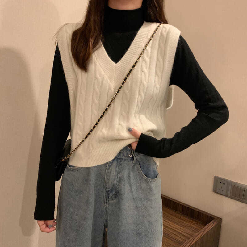 Solid Color V Neck sweter kamizelka kobiety koreański moda 2021 wiosna jesień bez rękawów ścieg kręty krótkie swetry sweter damski Top