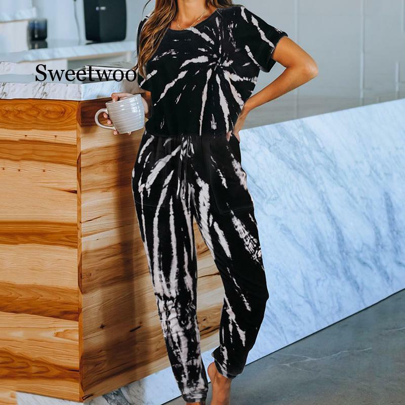 Pocket women pajamas colouring short sleeve two tieces set lounge wear nightgown 2020 new spring summer home suit sleepwear