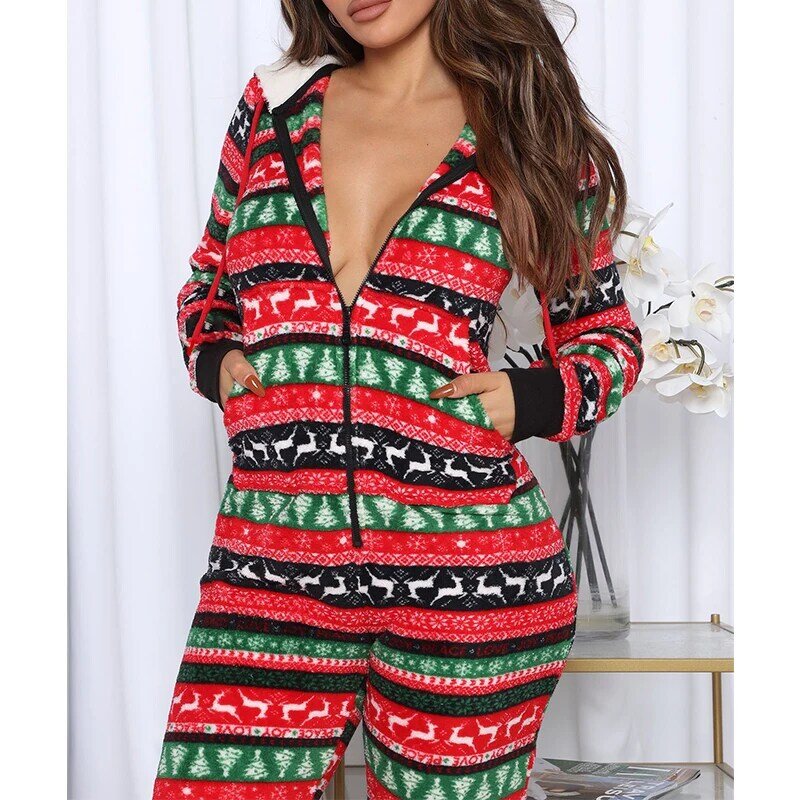 Mulher natal casa macacão estrela/listra com capuz mangas compridas zip-up velo pijamas para noite sono s/m/l/xl