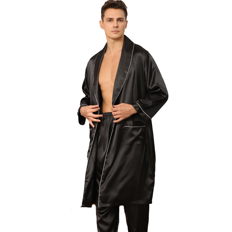 Jubah dan Celana Pria 2 Buah Pakaian Rumah Satin Kasual Musim Semi Baru Lingerie Intim Set Tidur Hitam Pakaian Rumah Baru Pakaian Malam