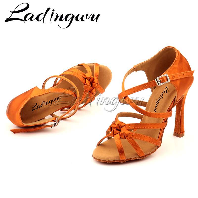 Ladingwu Bronze Silk Satin Latin Dance Shoes Olassic Four-band Knot Salsa Dance Shoes Ballroom Tango Dance Shoes