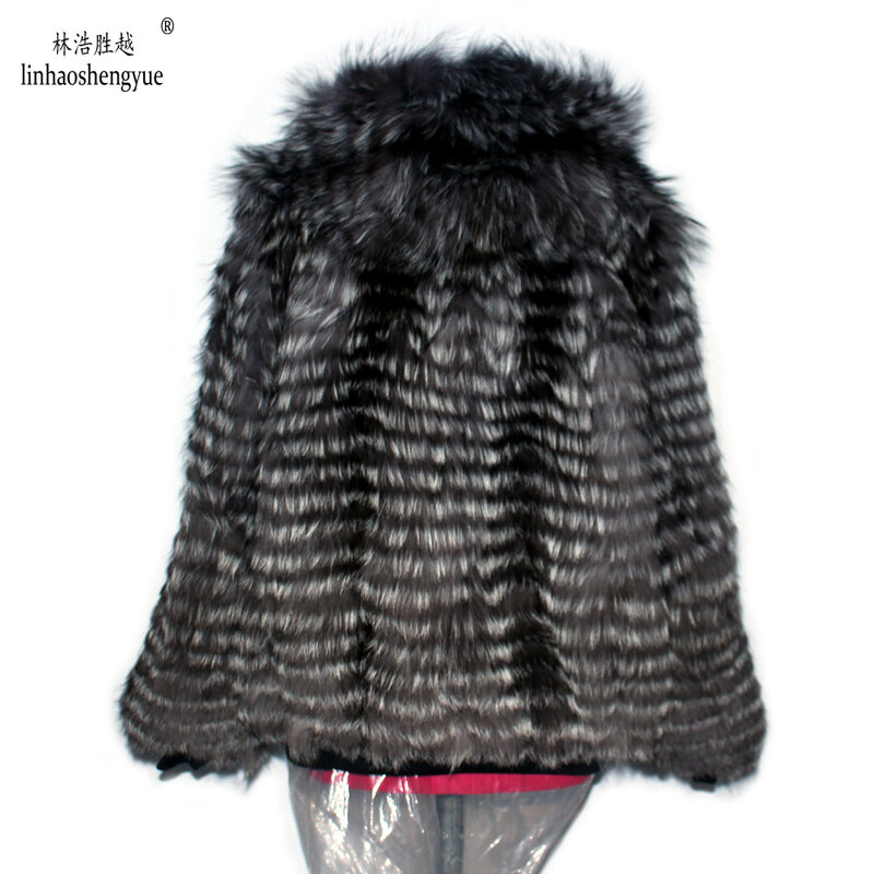 معطف فرو ثعلب حقيقي من Linhaoshengyue, معطف بأكمام طويلة وغطاء للرأس