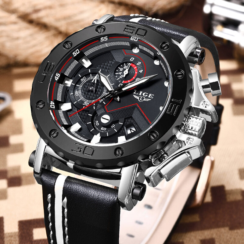LIGE Neue Uhren Herren Top Luxus Marke Military Sport Quarz Männer Uhr Leder Wasserdicht Leucht Große Zifferblatt Relogio Masculino