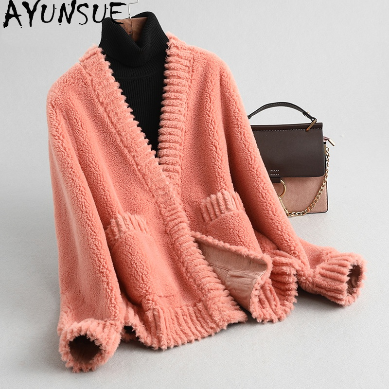 Ayunsure-Chaqueta de lana auténtica para mujer, abrigo corto de oveja vaporosa, cárdigan de piel, Gxy455, otoño 2021