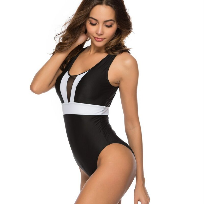 Mesh Stiksels Sexy Badpak Conservatieve Vest Kant Bikini Push-Up Sport Dames Beachwear