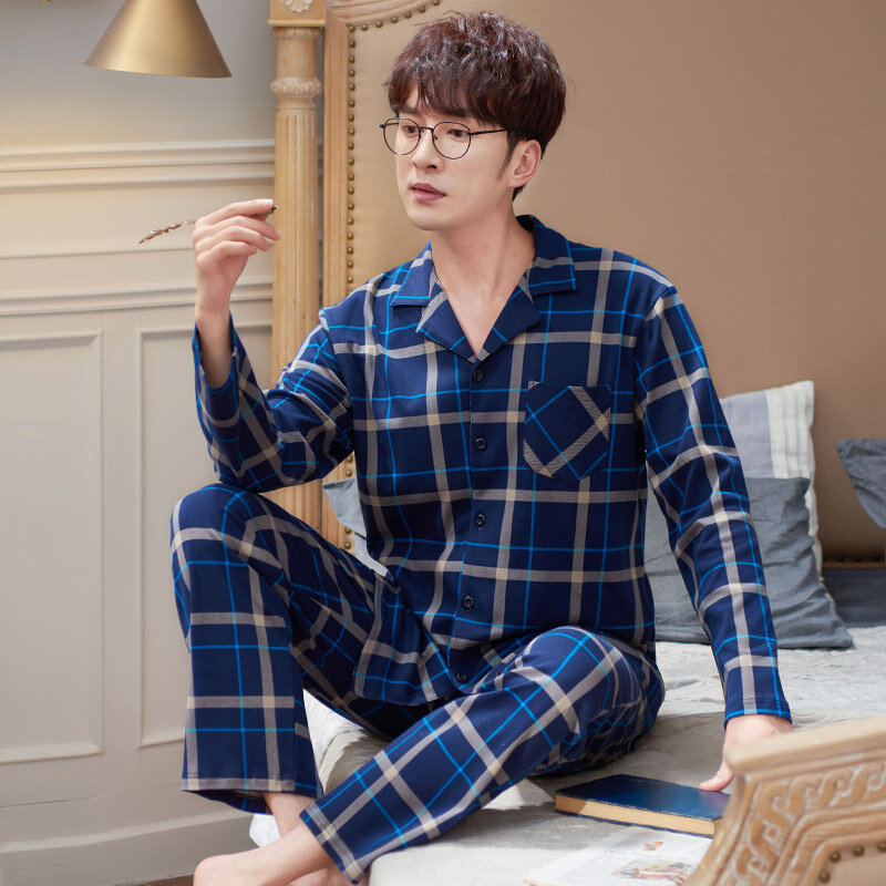 Pyjama à carreaux pour hommes, ensemble de 2 pièces, grande taille, M-3XL coton, survêtement, classique, cadeau de printemps et d'automne, 100%