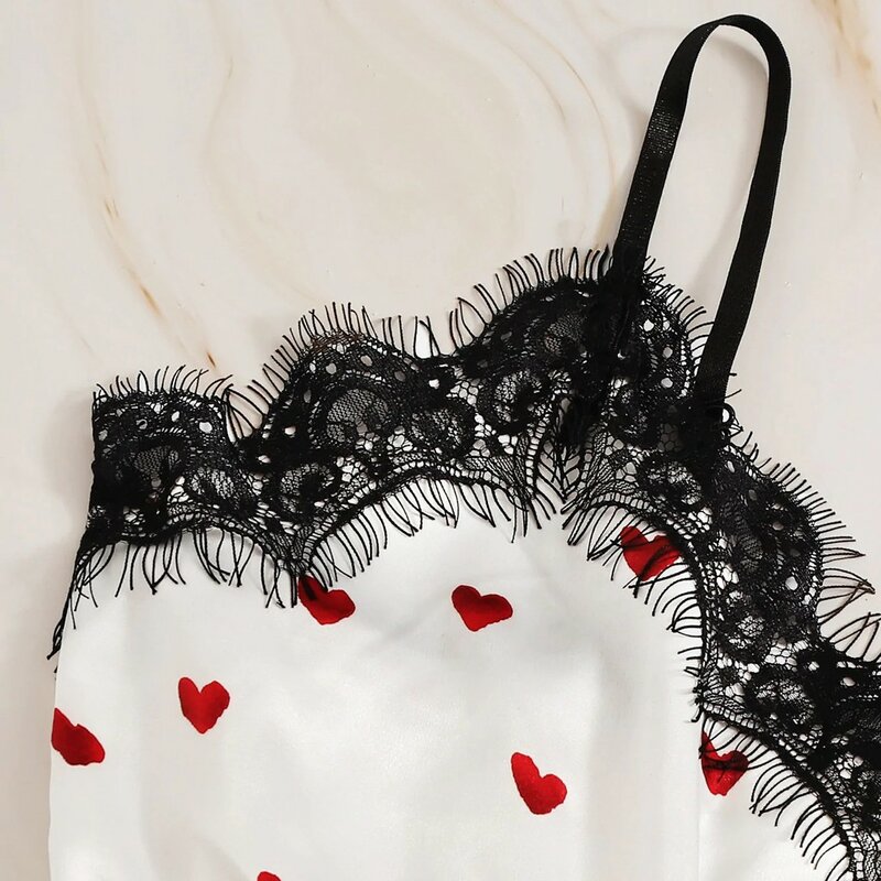 Women V-Neck pijama White Red Heart Print Lace Stitching Satin Camisole Pajamas Bowknot Shorts Lingerie Set женские костюмы#45