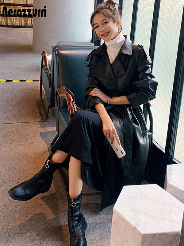 Nerazzurri Черный оверсайз длинный кожанный тренч женский Корейская модная женская одежда больших размеров Водонепроницаемое пальто из искусственной кожи для женщин кожанное пальто женское тренчи плащи женские 2021