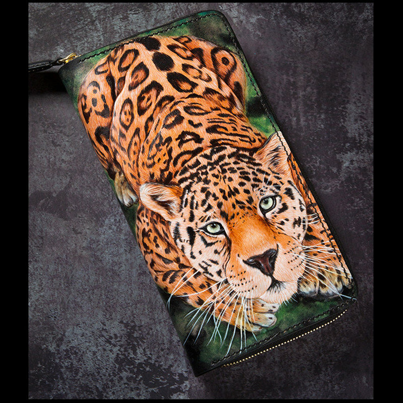Handmade Genuine Leather Wallets Leopard Purses Men Long Clutch Vegetable Tanned Leather Wallet Card Holder