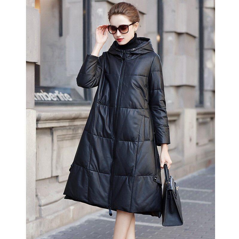 Women's Hooded Leather Coat, Genuine Sheepskin, Thick Coat, Medium Length Leather Outerwear, Casual Trench, Autumn, Winter