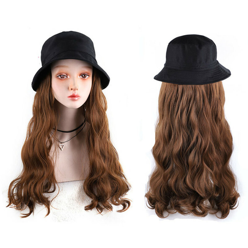 Chapéu de balde peruca longa ondulado cabelo com preto denim chapéu instantâneo fazer peruca com extensão do cabelo peruca sintética longa anexado cabelo halo senhora