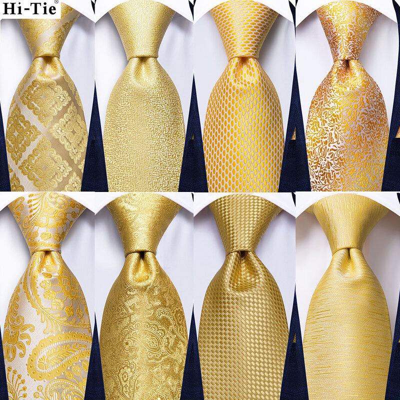 Hi-Tie Luxury Yellow Gold Plaid Paisley Silk Wedding Necktie For Men Fashion Mens Tie Gravatas Gift Business Party Dropshipping