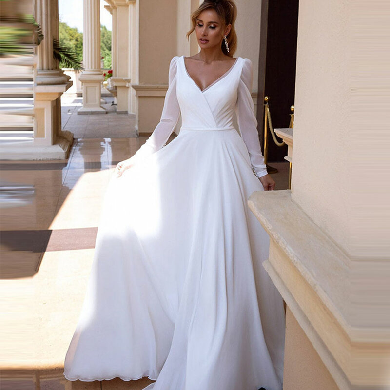 Elegante V-ausschnitt Chiffon Hochzeit Kleid Lange Sleeves Einfache Hochzeit Kleider 2021 Backless Brautkleid Für Frauen Robe De Mariee