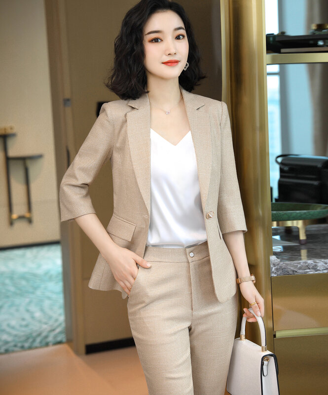 Profesional Memakai Houndstooth Suit Perempuan 2020 Musim Gugur Baru Elegan Dewi Segar Pertengahan Lengan Kecil Blazer Overall Celana Pakaian