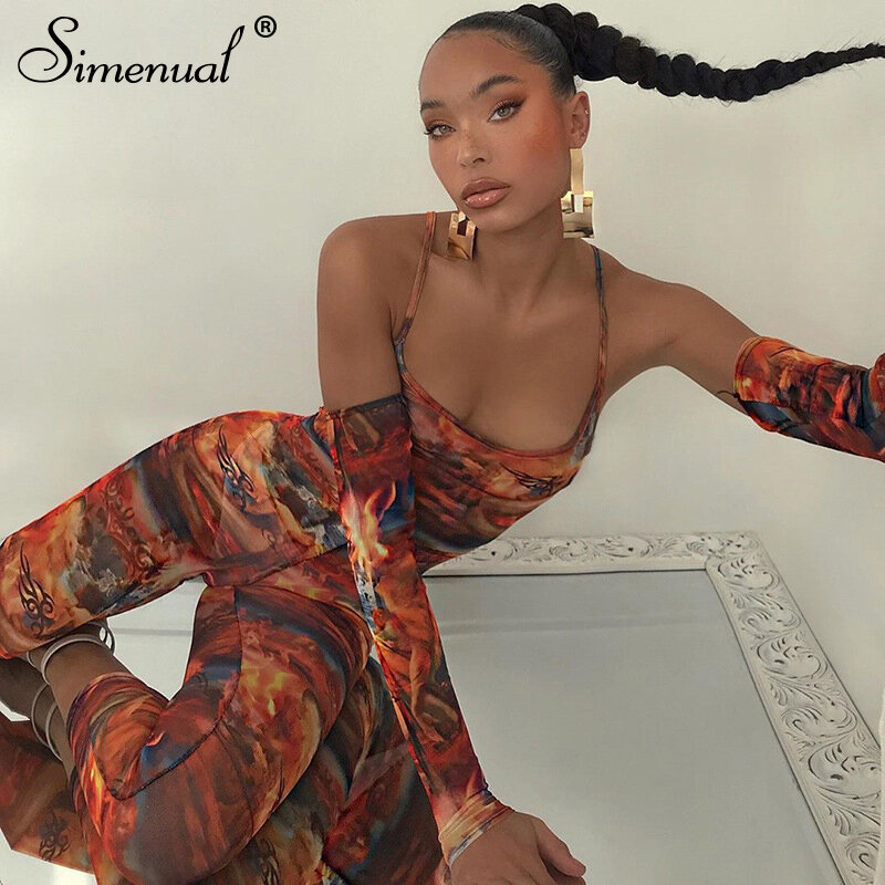 Simenual seksowne wiązanie barwnik drukuj Off ramię kobiety kombinezony jednoczęściowy z długim rękawem moda jesień 2020 Clubwear kombinezon typu Bodycon Hot