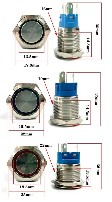 防水金属プッシュボタンスイッチ、ledライト、モーメンタリラッチ、車のエンジンパワー、赤、青、5v、12v、24v、220v、12ミリメートル、16ミリメートル、19ミリメートル、22ミリメートル