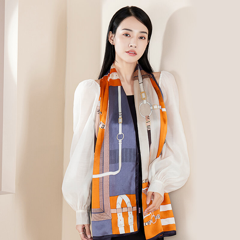Lenço longo de seda feminino hangzhou, cachecol de seda casual, xale, com bufanda, foulard feminino, estampa de cetim, cachecol de pescoço, 100%