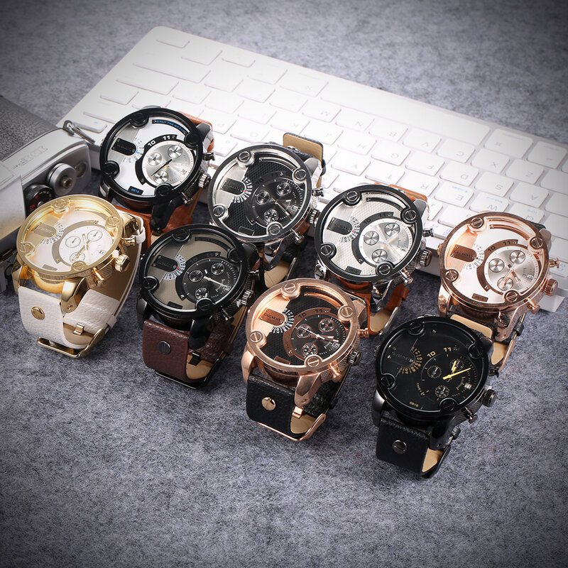 Montre à Quartz pour hommes, grand boîtier noir, marque de luxe, à la mode, horloge, Date, bracelet en cuir véritable
