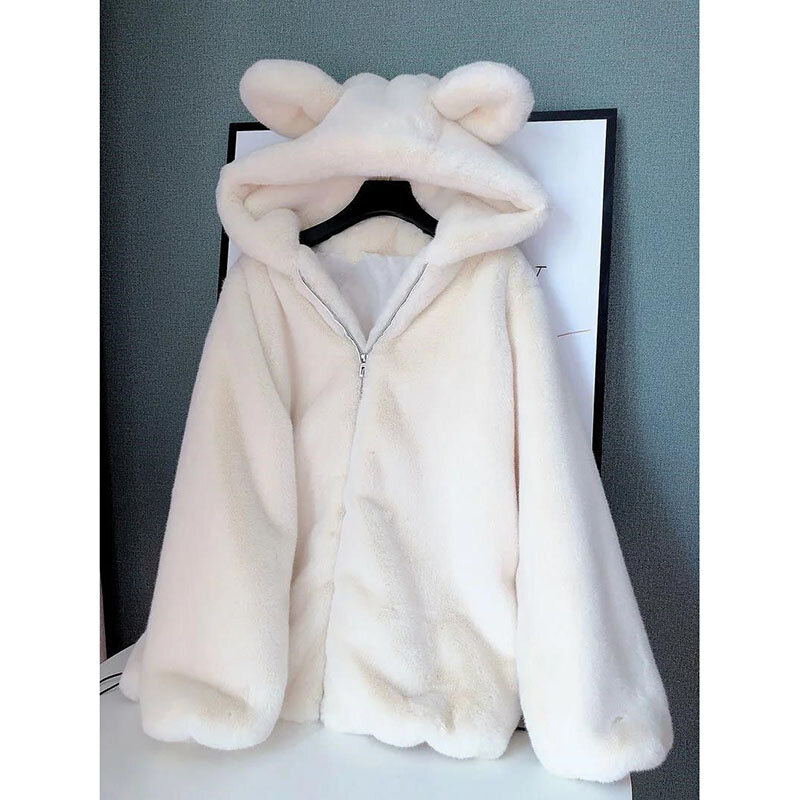 Abrigo de piel con orejas de oso para mujer, peludo chaqueta de terciopelo, algodón/sin algodón, abrigo suelto de piel de visón de imitación, novedad de 2022