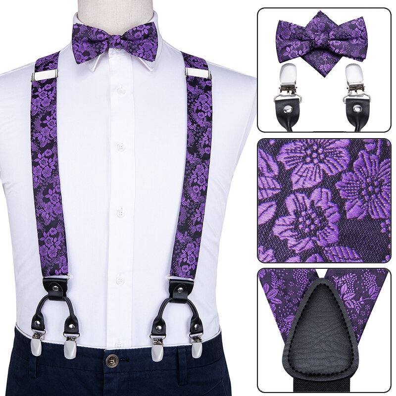 Hi-Tieผ้าไหมผู้ใหญ่ชายBow TieและSuspendersชุดโลหะ 6 วงเล็บคลิปดอกไม้สีม่วงยืดหยุ่นงานแต่งงานSuspenderชุด