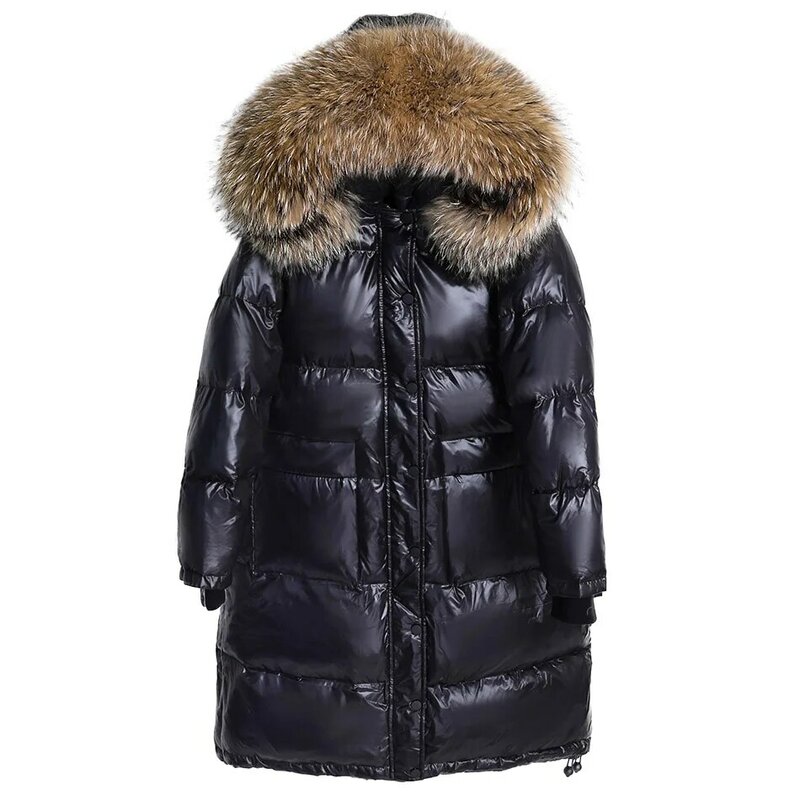 Maomaokong-Chaqueta larga holgada para mujer, abrigo extragrande con capucha y cuello de piel de zorro Real, color negro, a la moda, impermeable, para invierno, 2022